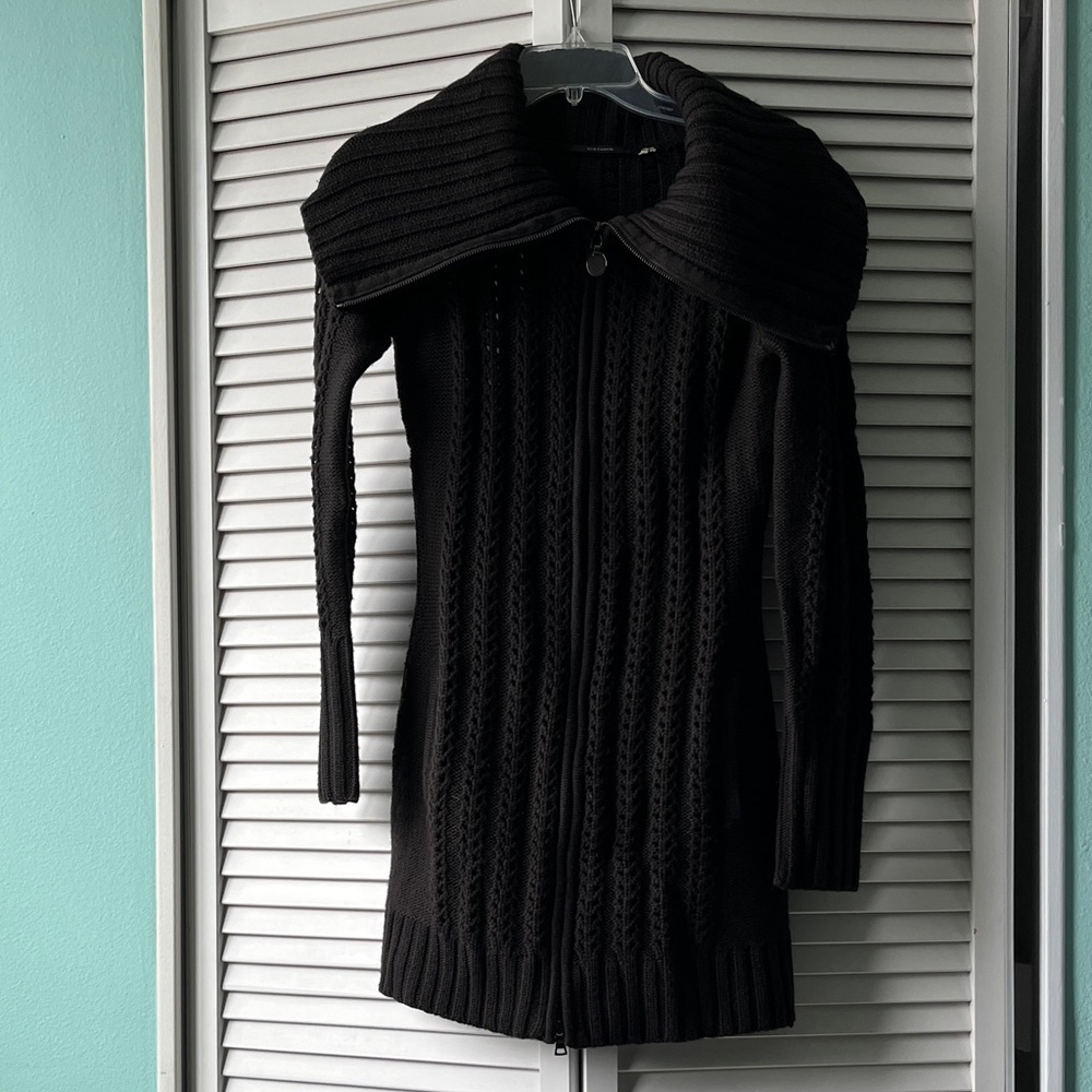Elie Tahari dark chocolate Cowl Neck zipped, long cardigan, pockets, 100% wool S